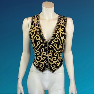 90s Vintage Black & Gold Embroidered Rayon Vest / Bohemian Statement Waistcoat M
